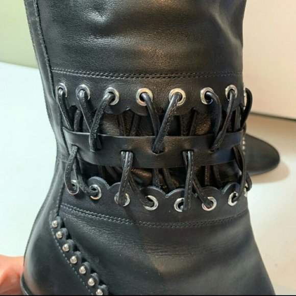 BLOCCO 5 BLACK LEATHER BOOTS GROMMETS Womens 38 / 7.5 - 8 goth witchy office - Picture 3 of 9